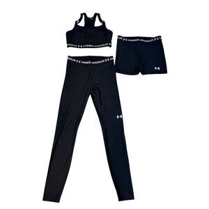 Under Armour 3PC Set Sports Bra Leggings Shorts Black Logo Gym Womens Small
